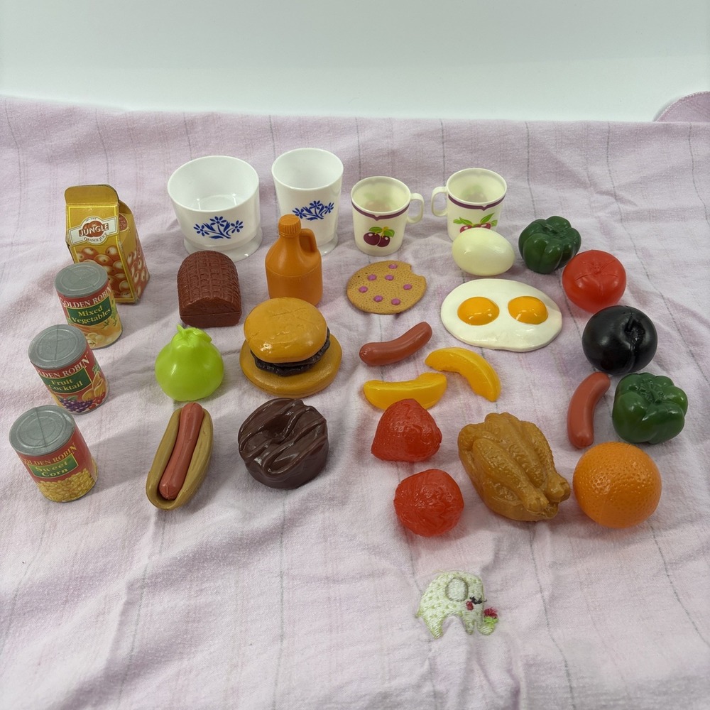 Vintage Realistic Toy Play Plastic Food Lot Hamburger Eggs Hotdogs Fruit Cups
